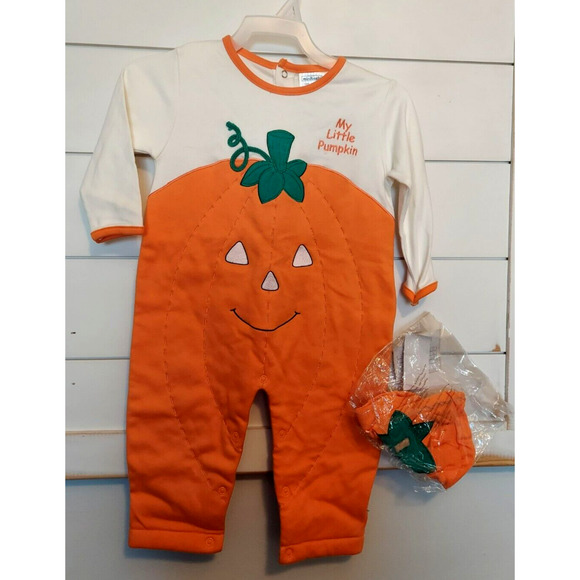 Halloween Infant Baby 18 Mo Pumpkin Costume Sleeper Coverall with Hat Minibasix - Picture 1 of 9